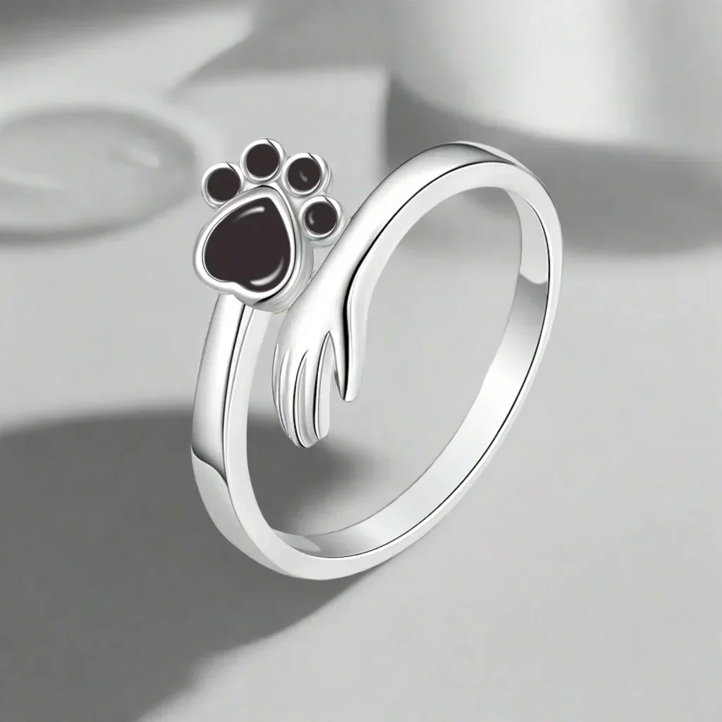 925 Sterling Silver Adjustable Ring – Hand and Paw Print Design - Image 3