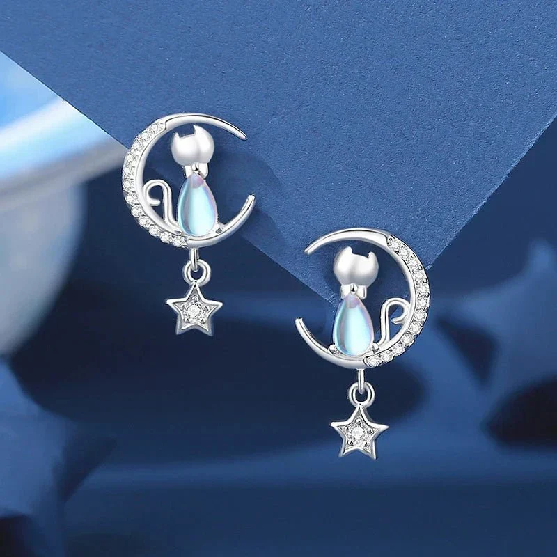 925 Sterling silver Moon & Star Cat Earrings With Zircon - Image 5