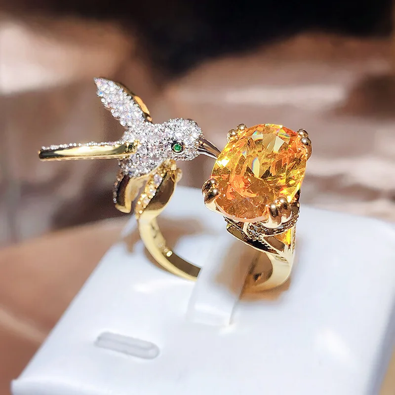 Adjustable Hummingbird Gemstone Ring – Zircon, 14K Gold Plated - Image 2