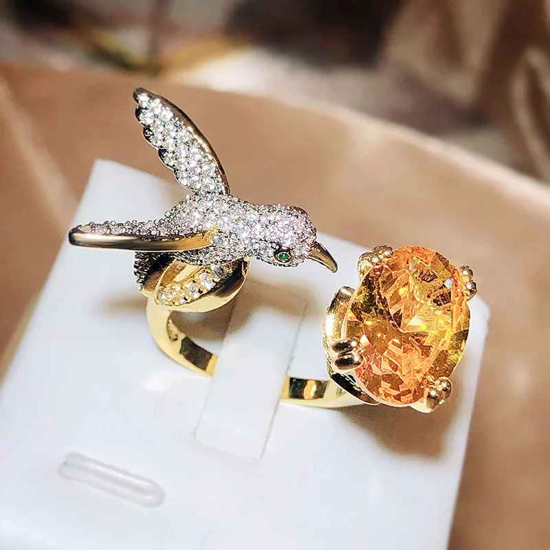 Adjustable Hummingbird Gemstone Ring – Zircon, 14K Gold Plated - Image 6