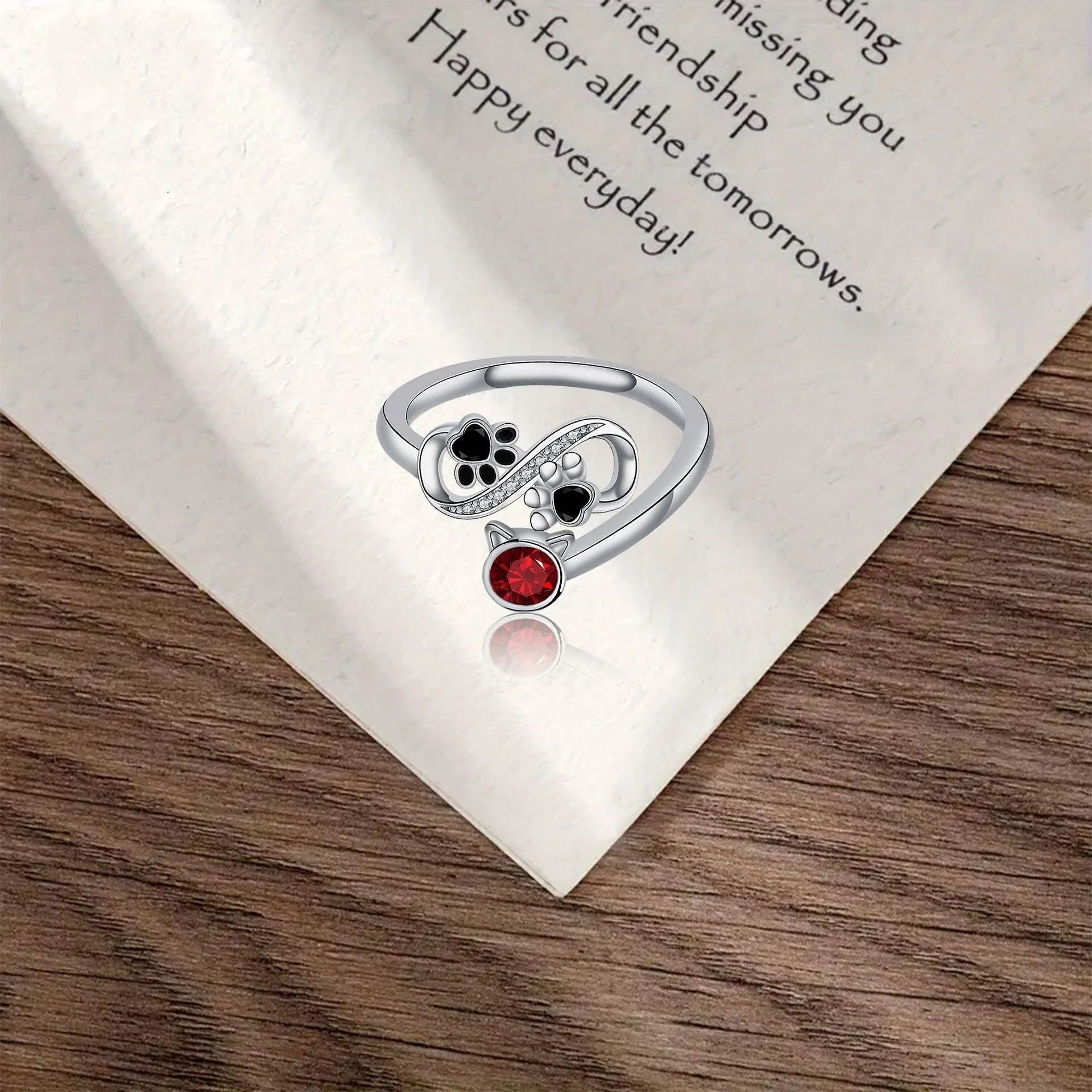 Black Paw Print Adjustable Ring With Red Gemstone - Image 2