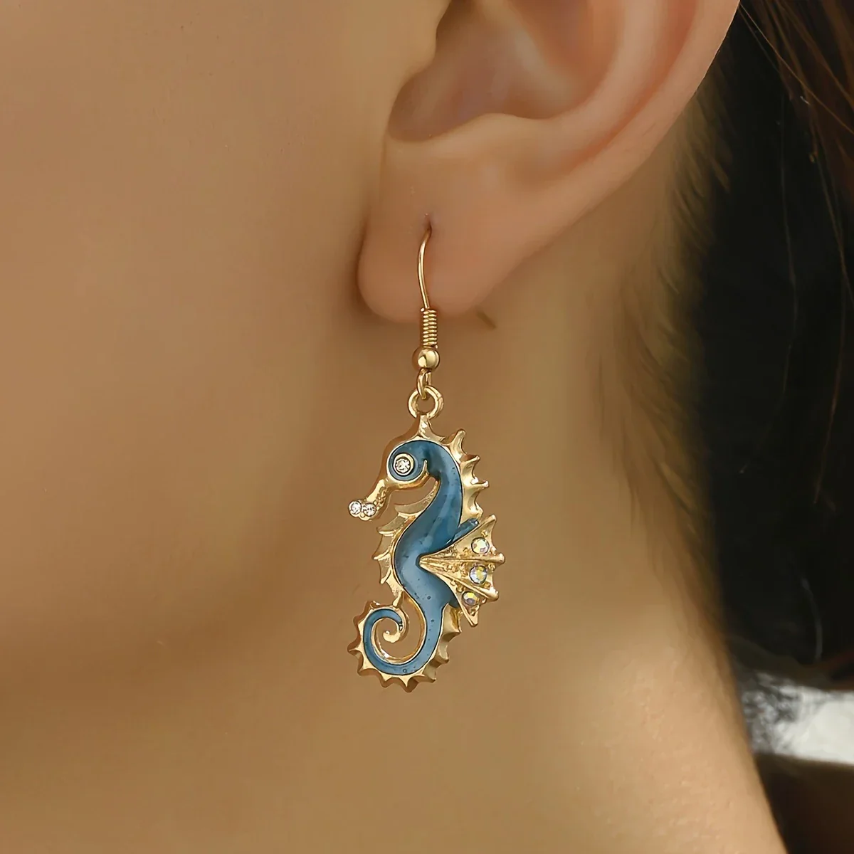 Blue Seahorse Gold Earrings - Image 2