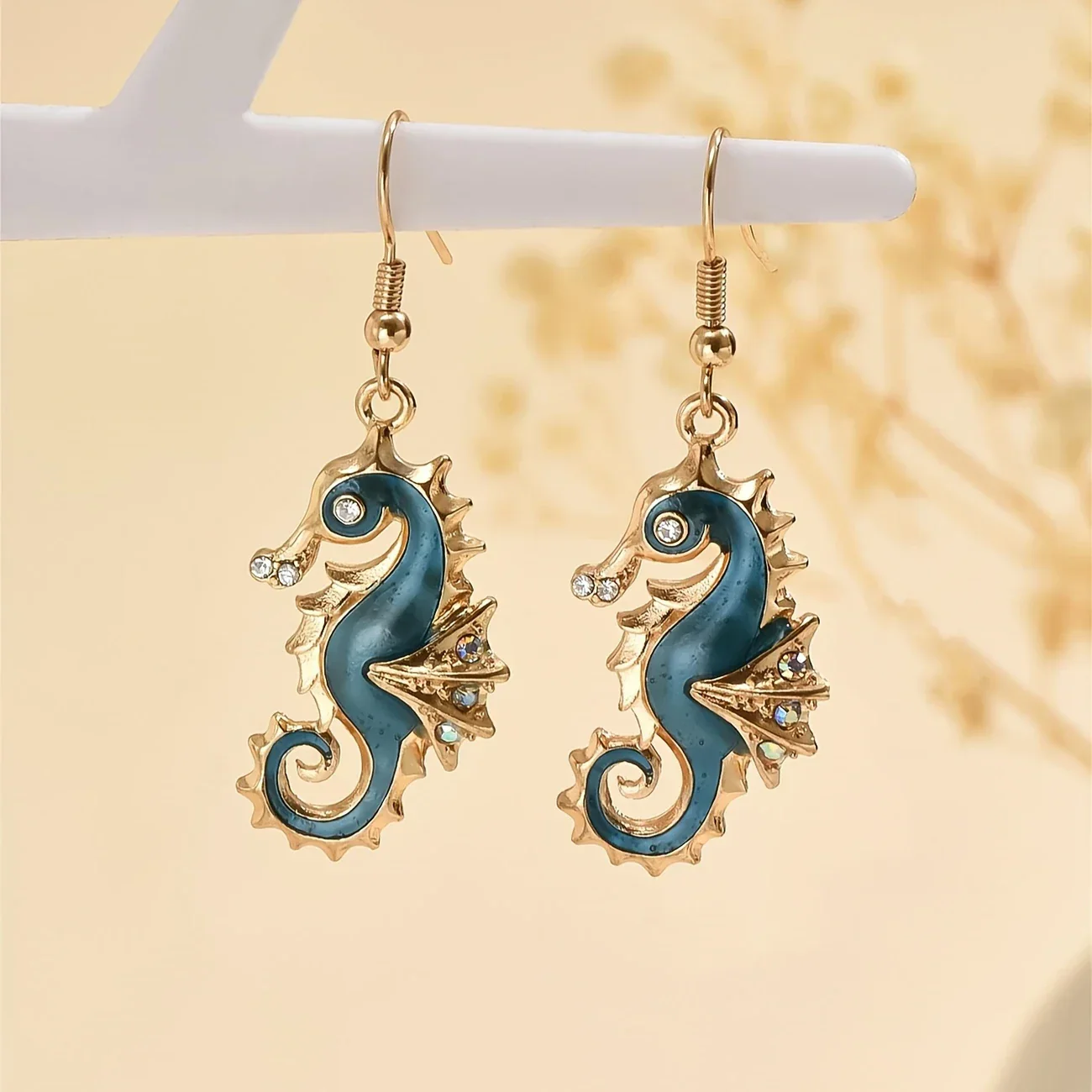 Blue Seahorse Gold Earrings - Image 3