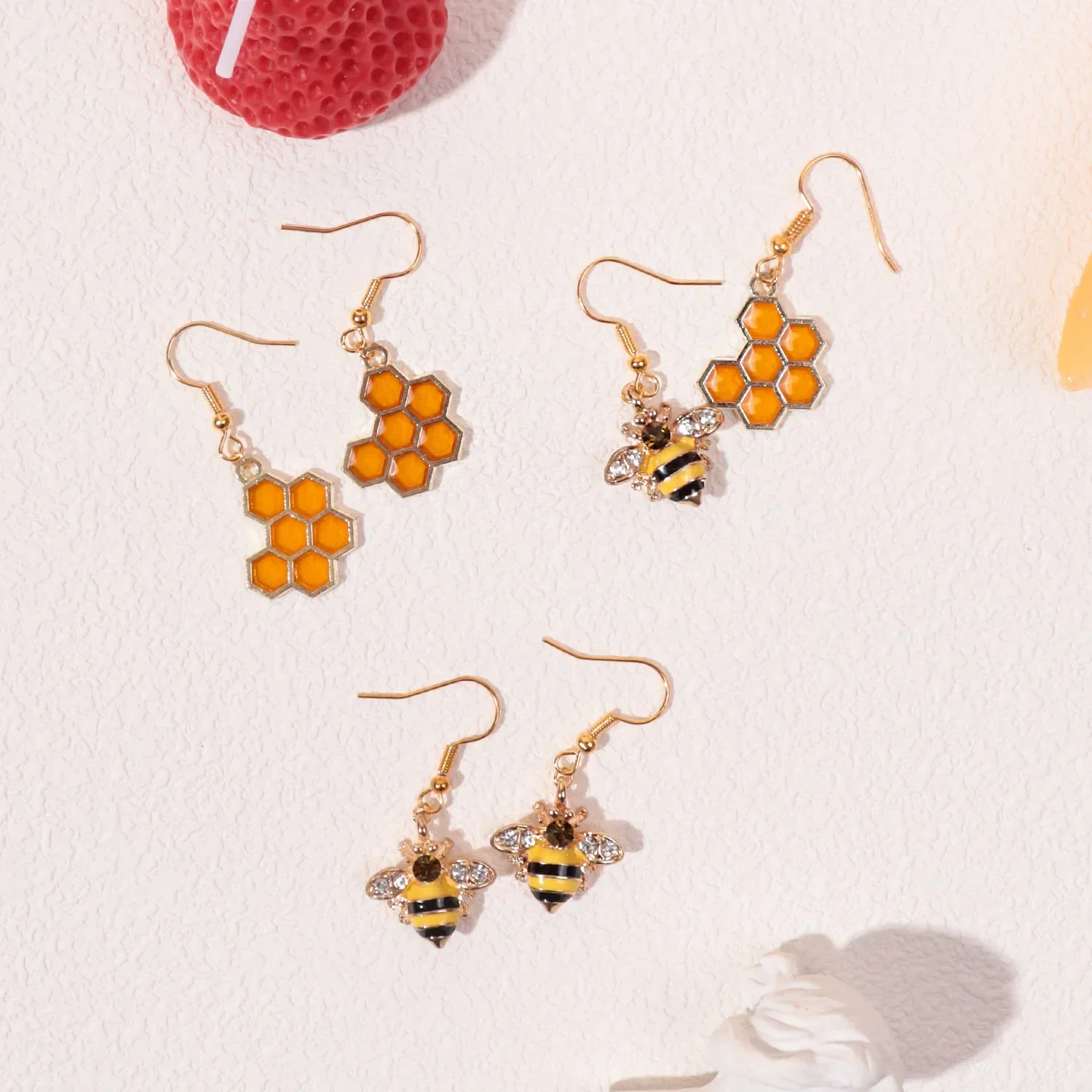 Golden Bee & Honeycomb Crystal Earrings - Image 5