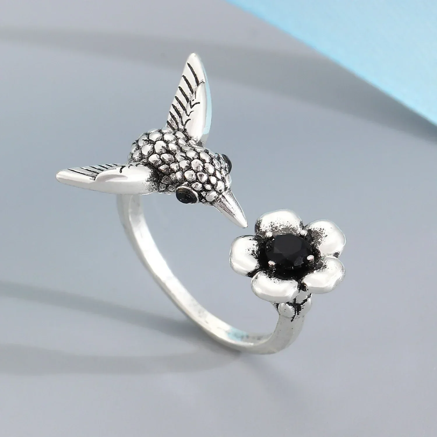 Hummingbird & Flower Ring – Adjustable Open Bird Ring for Women - Image 2