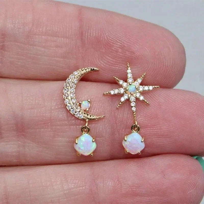 Moon and Star Gold and Opal Earrings - Image 3