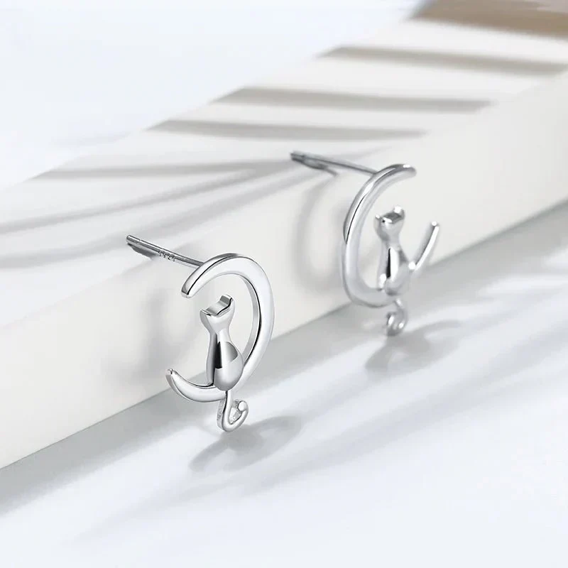 Moon & Cat Sterling Silver Stud Cat Earrings - Image 2