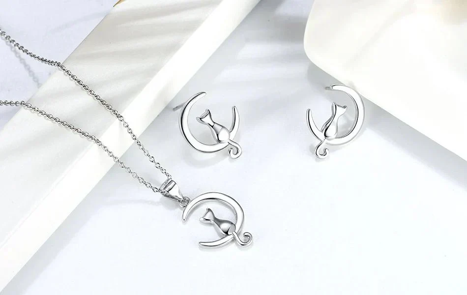Moon & Cat Sterling Silver Stud Cat Earrings - Image 4