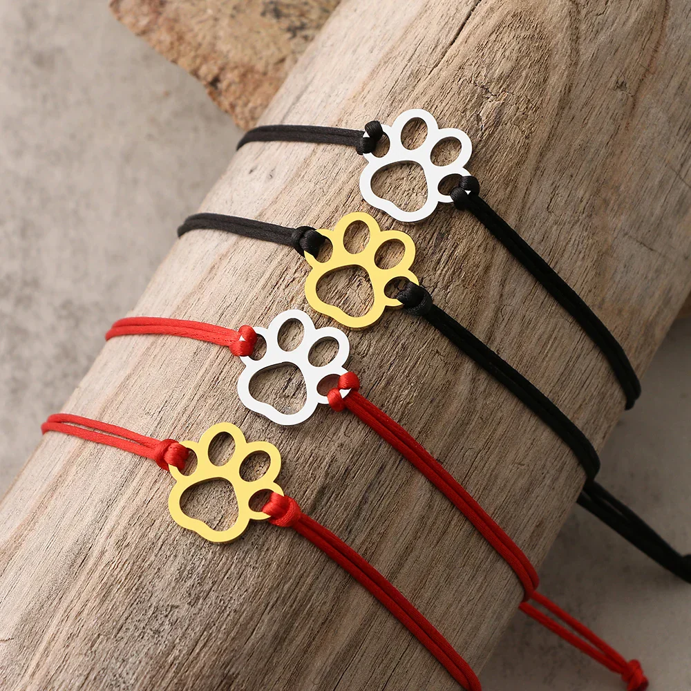 Paw Print Cord Bracelet – Adjustable Black and Red Design - Image 2