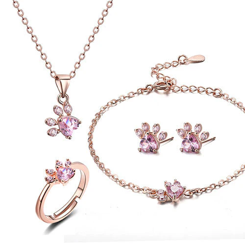 Rose Gold Paw Jewelry Set – 4 Pieces with Zirconia Heart (Ring, Necklace, Earrings, Bracelet) - Image 3