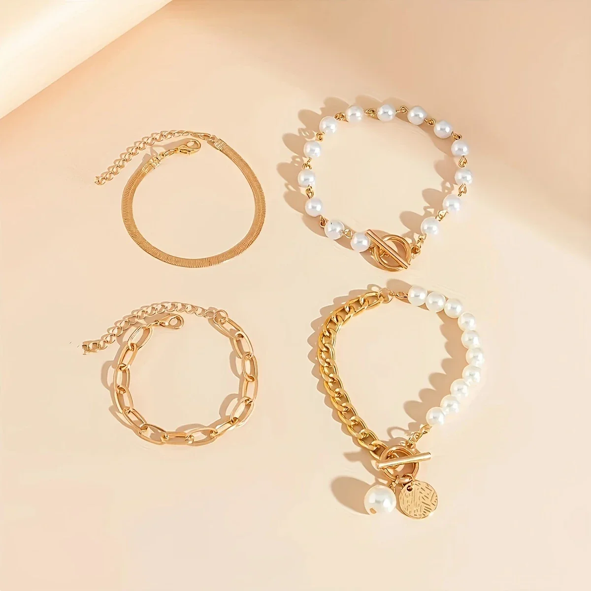 Set of 4 Shiny Pearl Gold Bracelets - Image 3