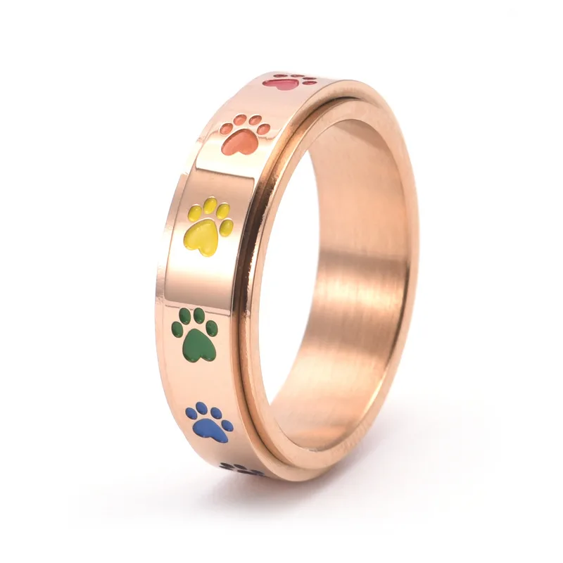 Spinning Stress Reducing Paw Ring – Stainless Steel with Rainbow Paws - Image 2