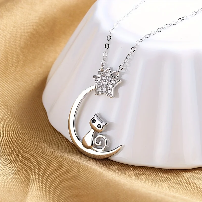 Sterling Silver Cat Moon Star Necklace - Image 5