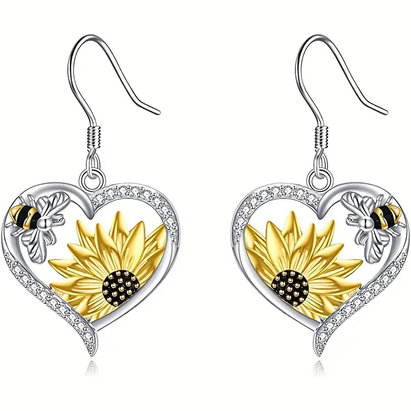 Vintage Boho Sunflower & Bee Heart Dangle Earrings - Image 2