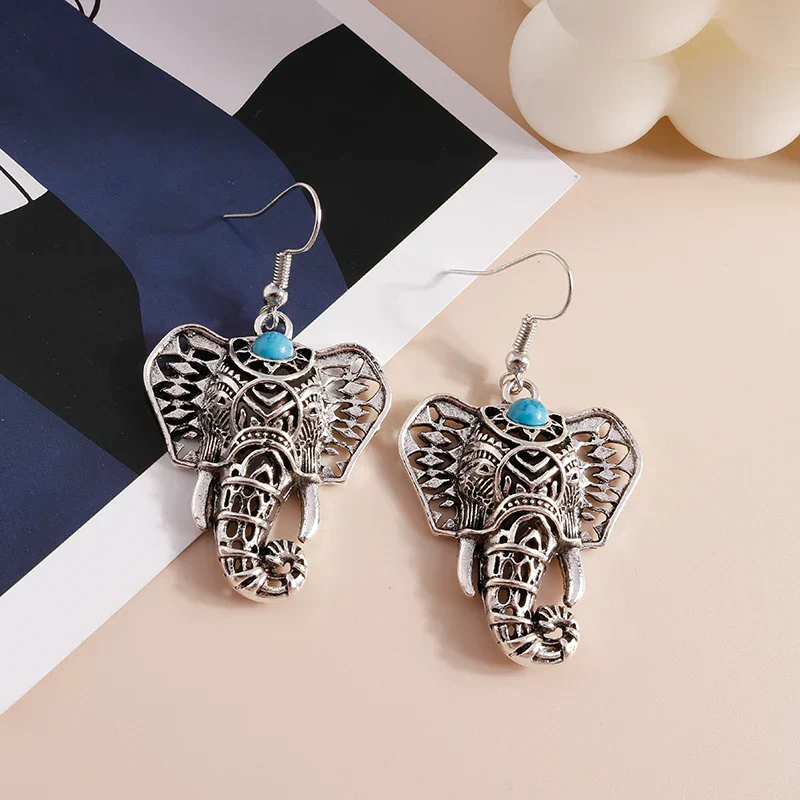 Vintage Elephant Drop Earrings Silver Bohemian - Image 3