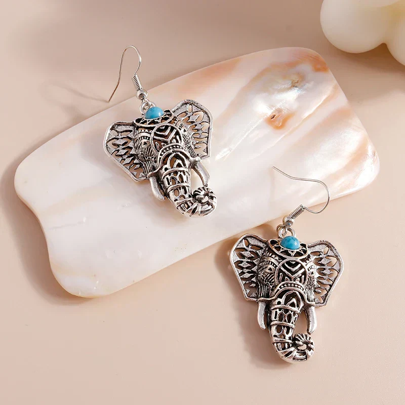Vintage Elephant Drop Earrings Silver Bohemian - Image 4