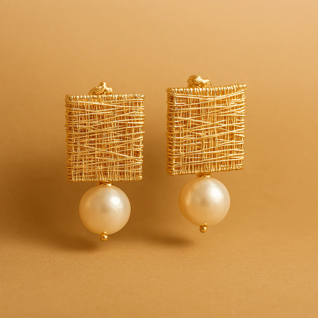 Vintage Gold Thread Earrings with Pearls - Image 3