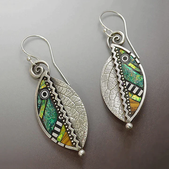 Vintage Green Crystal Leaf Silver Earrings