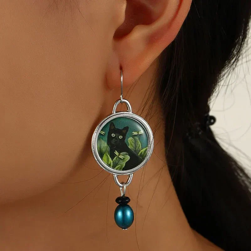 Vintage Tropical Black Cat Dangle Earrings - Image 2