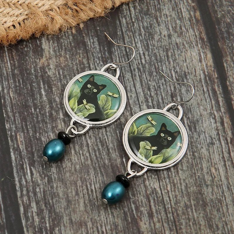 Vintage Tropical Black Cat Dangle Earrings - Image 5