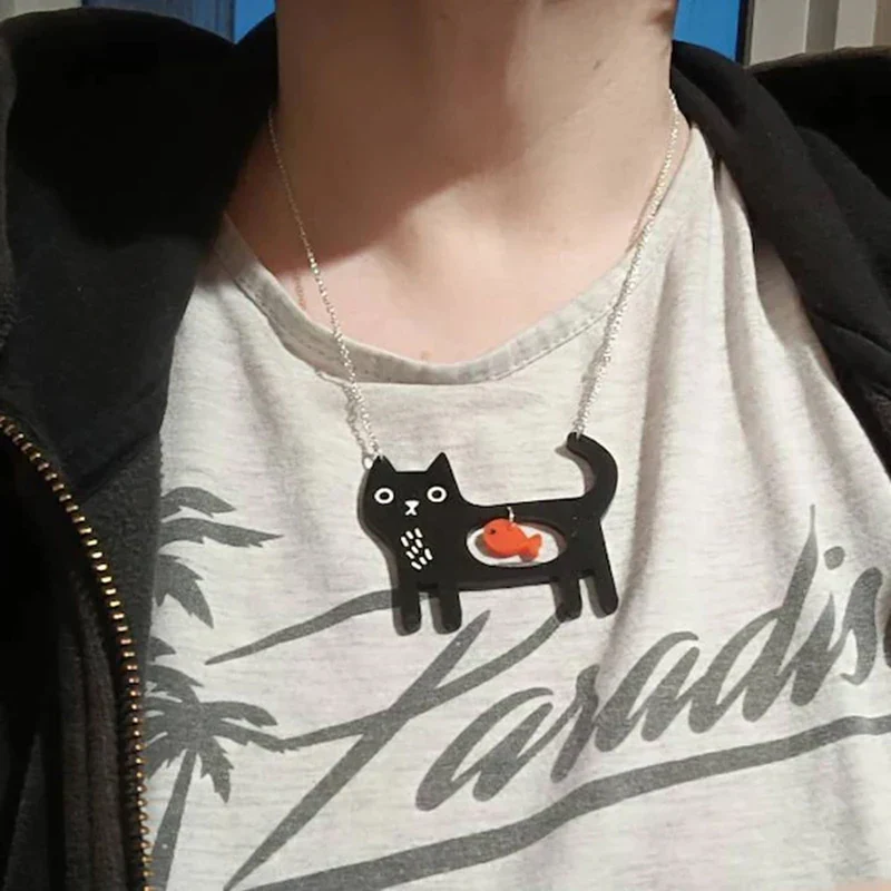 Whimsical Cat & Fish Acrylic Pendant Necklace - Image 4
